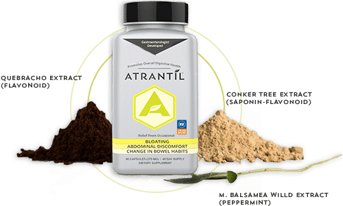 90 count bottle of Atrantil, and the ingredients of Atrantil around them.