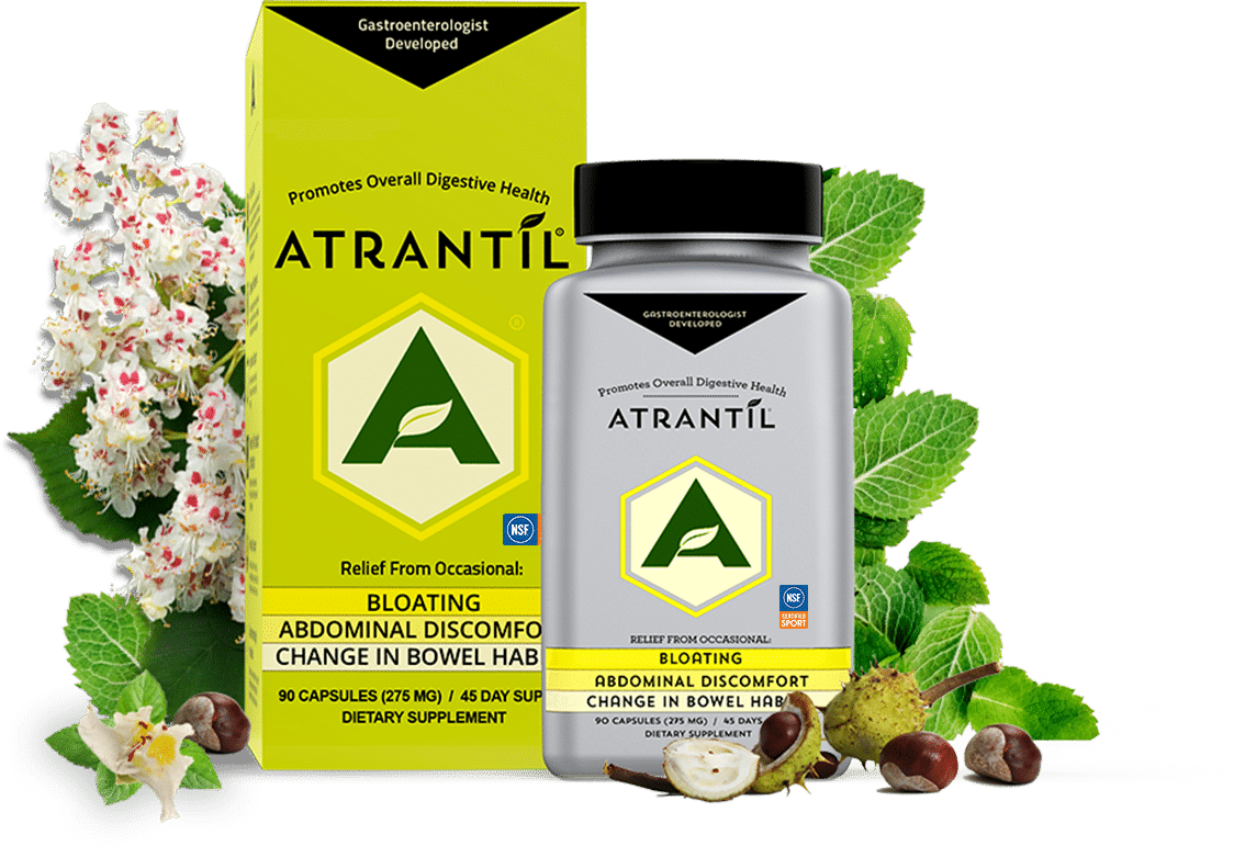 90 count box and bottle of Atrantil, and the ingredients of Atrantil around them.