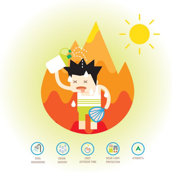 A person trying to cool down in the summer heat by pouring water on their head.