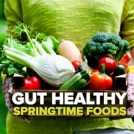 woman holding vegetables with Gut Healthy Springtime Foods